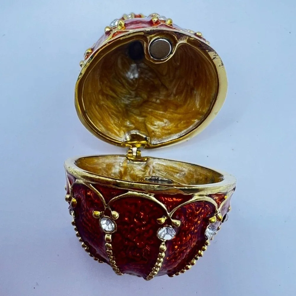Orange & Gold Faberge-Egg Style Trinket Box With Rhinestones Crown Stones 2.5
